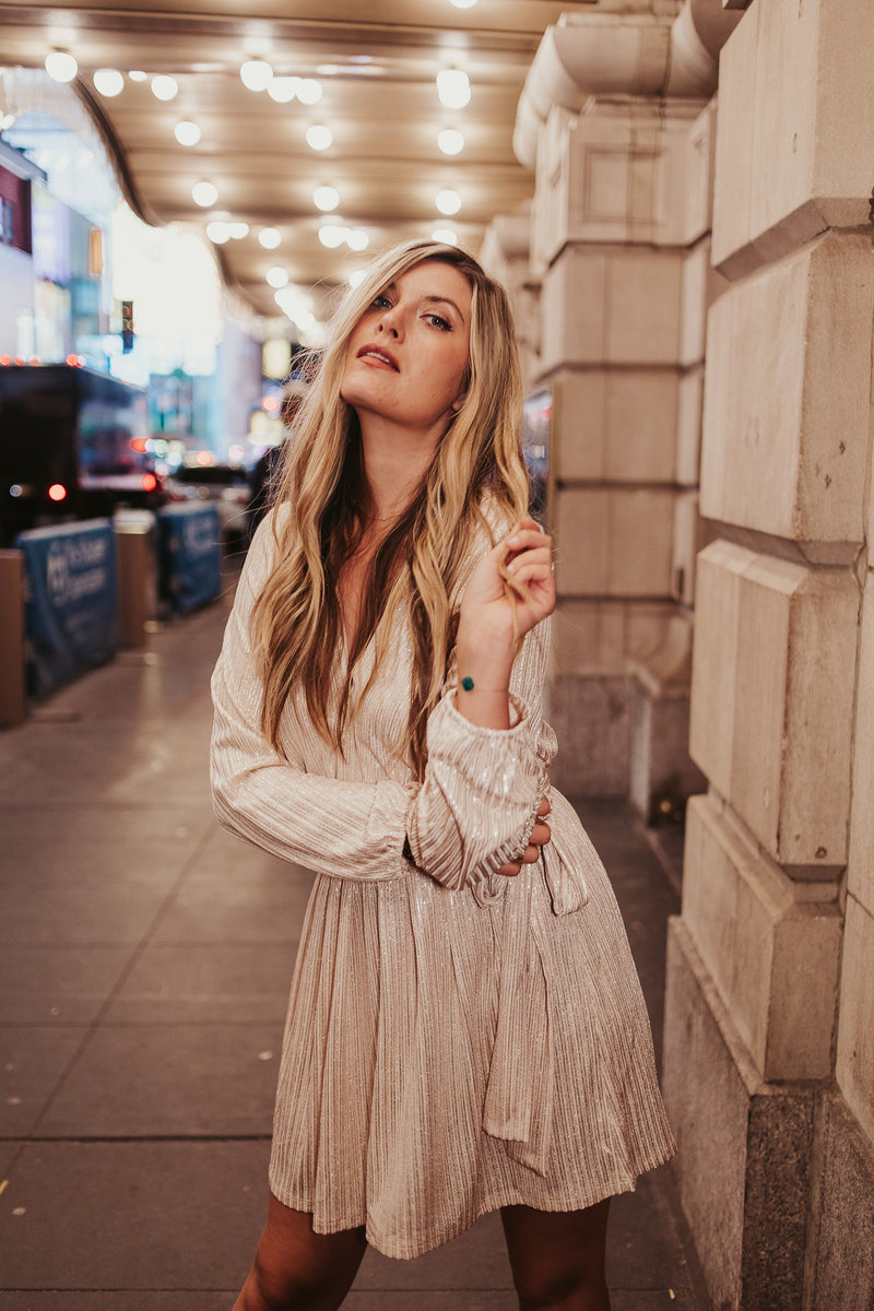 Champagne Shimmer Sash Belt Dress - Finding July