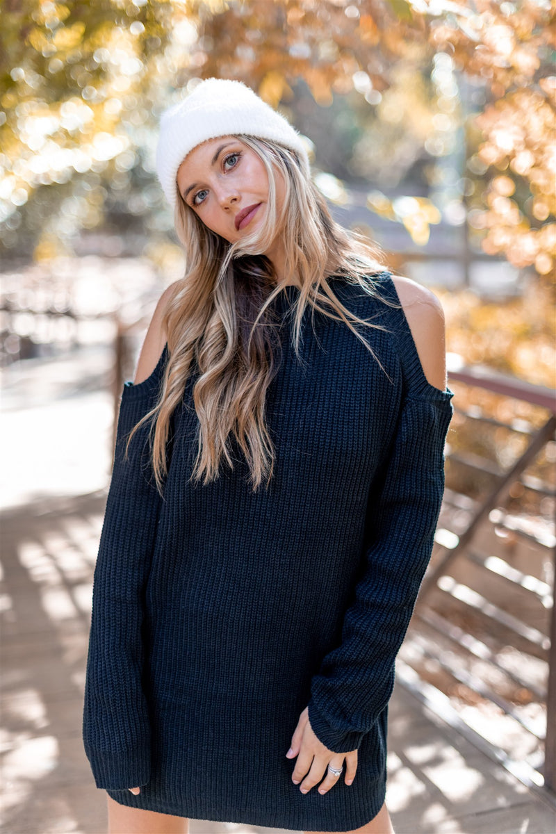 Crisp Air Cut Out Shoulder Sweater Dress - Black - Finding July