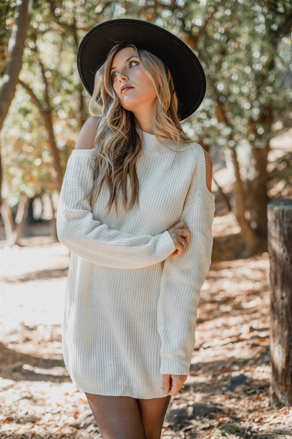 Crisp Air Cut Out Shoulder Sweater Dress - White - Finding July